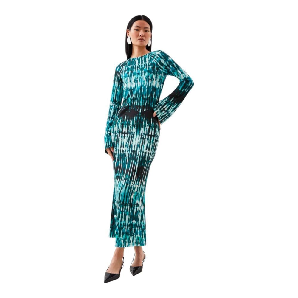 New! Karen Millan Green Scuba Knit Abstract Inkblot Print Jersey Maxi Dress, S